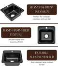 15 Inch Baxter Drop In Small Bar Sink With Hand Hammered Matte Black Aluminum Finish Faucet Hole Ready For Wet Kitchens