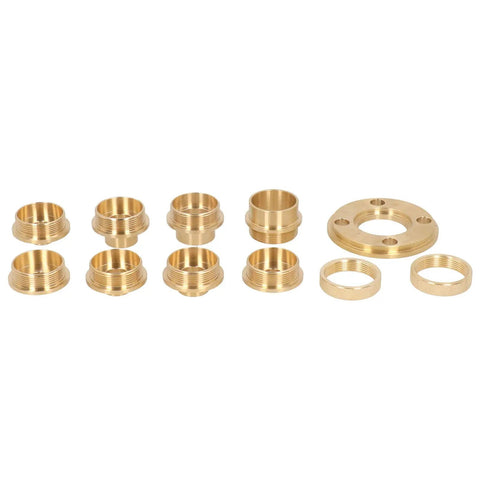 Top Tier Brass Router Guide Kit Features Eight Precision Bushings for precise routing and hinge cuts, showcasing various brass sizes.