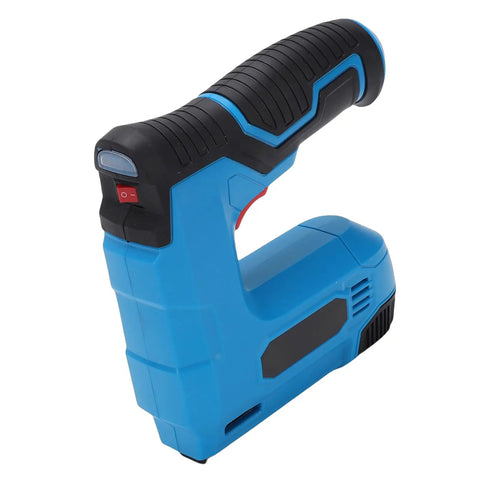 Slick Cordless Electric Brad Nailer And Staple Gun Rechargeable 2 In 1 Bottom Loading Fastening Tool side view with trigger