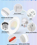 Diagram of 12 Pack 5 to 6 Inch LED Recessed Downlights With Baffle Trim Wet Rated, showcasing parts and features like E26 base and 5CCT switch.