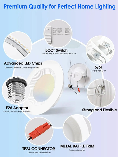 Diagram of 12 Pack 5 to 6 Inch LED Recessed Downlights With Baffle Trim Wet Rated, showcasing parts and features like E26 base and 5CCT switch.