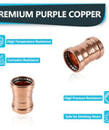 5 Pack 4 Inch Press Fit Copper Xl Coupling With Stop Dead Straight Fit Leak Proof Plumbing Parts For Copper Pipe Built Heavy Duty Corrosion Resistant No Sweat Install Locks Down Tight Reliable, showing corrosion-resistant copper fitting.