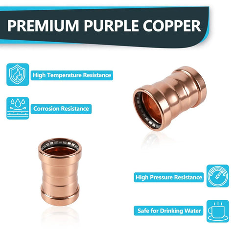 5 Pack 4 Inch Press Fit Copper Xl Coupling With Stop Dead Straight Fit Leak Proof Plumbing Parts For Copper Pipe Built Heavy Duty Corrosion Resistant No Sweat Install Locks Down Tight Reliable, showing corrosion-resistant copper fitting.