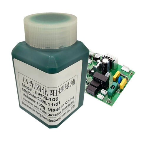 Solder Green Epoxy UV Solder Mask For Circuit Boards bottle next to PCB board, showcasing ink use for DIY projects.