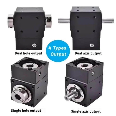 Right Angle Planetary Gearbox With Seven Arc Minute Precision Commutator For 80 Servo And Nema 34 Stepper Motors, showcase of 4 types of outputs: dual hole, dual axis, single hole, and single axis.