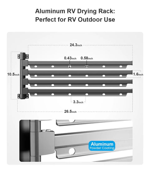 Dimensions of Aluminum RV Clothes Drying Rack Ladder Mounted 24 Inch Long With 180 Degree Swivel Arms Rust Resistant Outdoor