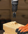 Top Notch Eight Piece Wood Plug Cutter Drill Bit Set Made From Tough Carbon Steel in use on wooden surface.