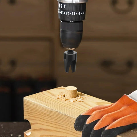 Top Notch Eight Piece Wood Plug Cutter Drill Bit Set Made From Tough Carbon Steel in use on wooden surface.