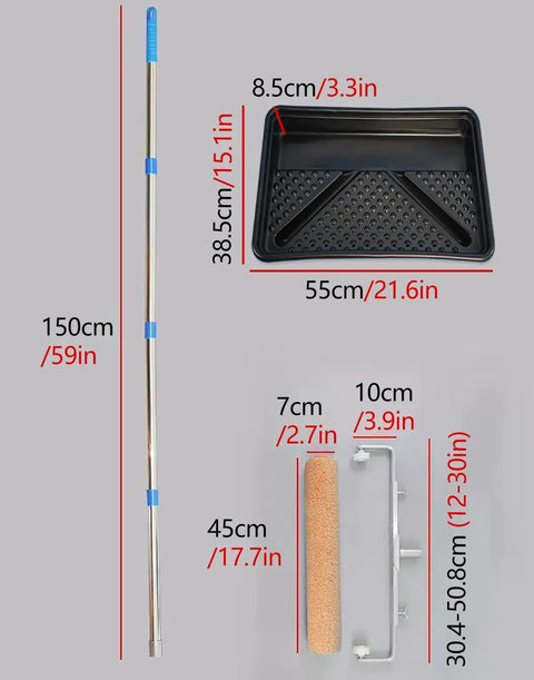 Adjustable Paint Roller Frame With Extension Pole Slick No Mess Setup For Walls And Ceilings Featuring Non Shedding Medium Nap Polyester and a sturdy frame, includes roller and tray.