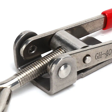 Heavy Duty Stainless Steel Toggle Latch Catch With Quick Clamping Hasp For Cabinets, Toolboxes and Doors Offers Effortless One Hand Operation And Secure Grip For Daily Hustle. close-up with red handle