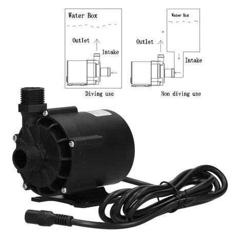 Straight Up Silent Submersible Pump Equipped With Brushless DC Motor And IP68 Waterproof Rating showing pump with hose, outlet, and intake.