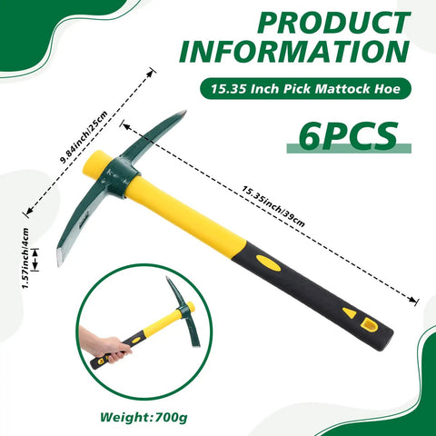 Six Piece 15 Inch Heavy Duty Forged Garden Pick Mattock Hoe Set With 1.5 Lb Heads And Rubber Non Slip Handles product diagram
