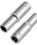 Two pieces of Six Piece 10 Millimeter Deep Socket Set, 6 Point, Three Eighths Inch Drive, Chrome Vanadium Steel