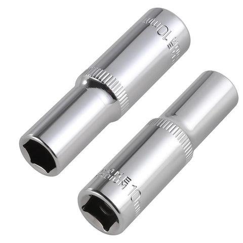 Two pieces of Six Piece 10 Millimeter Deep Socket Set, 6 Point, Three Eighths Inch Drive, Chrome Vanadium Steel