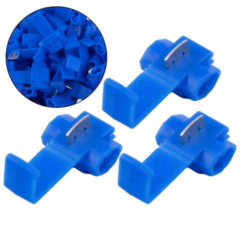 Get These 100 Blue Quick Splice Wire Connectors For Your Auto Electrical Setup. These T-Tap IDC Crimp Terminals Make AWG 14-16 Wire Splicing Easy Peasy Without Stripping Cables. Perfect DIY Kit To Fix Wiring Looms Fast And Securely With Just Pliers! blue plastic metal quick splice terminals, AWG 14-16