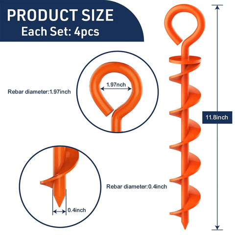 Beefy Heavy Duty Canopy Tent Stakes And Dog Tie Out Stakes Corkscrew Ground Anchors in steel shown with dimensions.