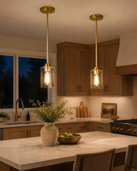 Farmhouse Gold Pendant Light Over Kitchen Island With Clear Glass Shade Modern Dining Room Entryway Pendant Lighting For A Cozy Chic Vibe