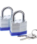 Laminated Steel Padlock Set, One And Nine Sixteenths Inch Wide Body, Short Shackle, Two Pack Keyed Alike Locks with keys displayed