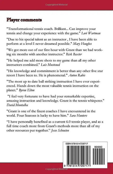 Back cover of Pro Essential Tennis Strategy Guide with player comments praising the book's coaching advice and tactics.