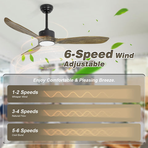 6-speed 52 Inch Wood Ceiling Fan With Lights And Remote 120V DC Motor Quiet Indoor Outdoor Noiseless Reversible Ceiling Fan