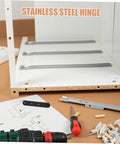 4x stainless steel hidden hinges for interior/exterior doors and windows, shown with drill and mounting hardware