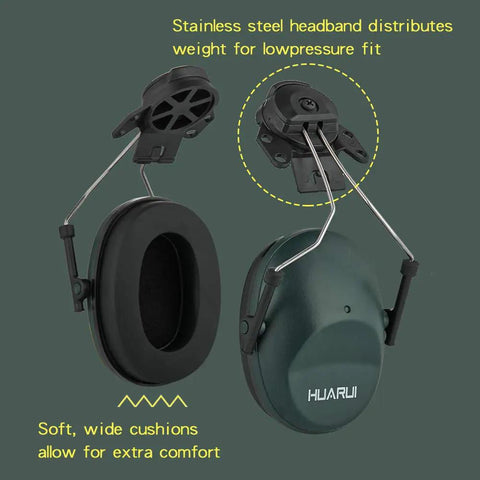 Noise Cancelling Hard Hat Earmuffs Attachable For Construction Site with stainless steel cups and soft padding, dark green