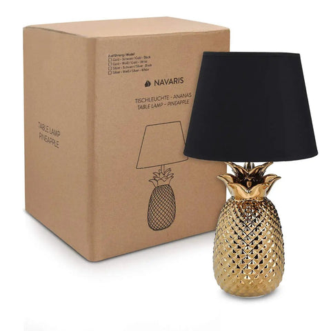 Gold Pineapple Table Lamp With Ceramic Base, Modern Tropical Decor Light For Bedroom Or Living Room, 15.75 Inch Tall, Medium Size, Black Shade, Cord Switch, Dreamy Ambient Lighting, Cozy Vibe Home Accent next to box