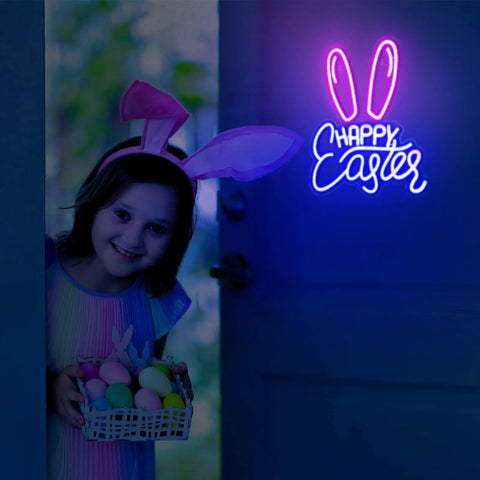 Easter Bunny Ears Neon Sign LED Light USB Powered Wall Decor For Living Room Bedroom Office Party Spring Decor Cute Table Art Gift Light Up Lit For Indoor Outdoor Vibes glowing on a wall next to a smiling child holding Easter eggs.