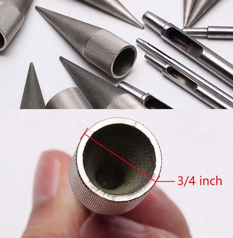 Close-up of Round Hole Punch Edge Sharpener For DIY Leatherwork showing 3/4 inch stainless steel grinder tool for polishing in leather projects.