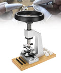 Top Tier Premium Watch Case Opener Tool Set Hella Tough Bench Press Vice for precise case opening on a workbench.