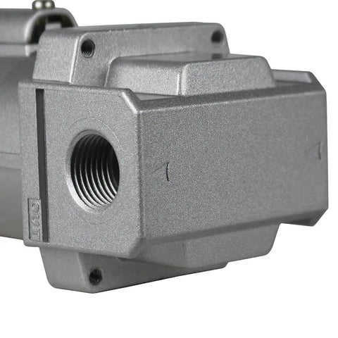Close-up of Heavy Duty 1/2 Inch Compressed Air Line Moisture And Water Filter Trap with metal housing and threaded outlet.