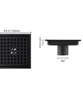 6 Inch Stainless Steel Shower Floor Drain With Threaded Adapter And Removable Grid Cover With Slick Matte Black Finish shown with dimensions