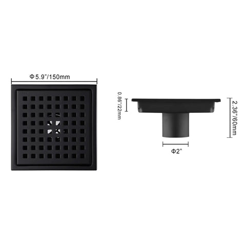 6 Inch Stainless Steel Shower Floor Drain With Threaded Adapter And Removable Grid Cover With Slick Matte Black Finish shown with dimensions