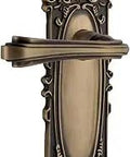 Old School Victorian Plate Fleur Lever Door Hardware Set in Antique Brass Finish, solid forged brass with detailed Victorian design