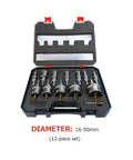 Open case showing a 12-piece Pro Grade Carbide Tipped Hole Saw Set For Metalworking, 16 to 53mm drill bits with wrench.