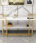 Industrial Console Table With Drawer And Two Tier Storage Shelf Narrow Sofa Side Table For Hallway Heavy Duty Metal Build with white top and gold frame.