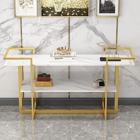 Industrial Console Table With Drawer And Two Tier Storage Shelf Narrow Sofa Side Table For Hallway Heavy Duty Metal Build with white top and gold frame.