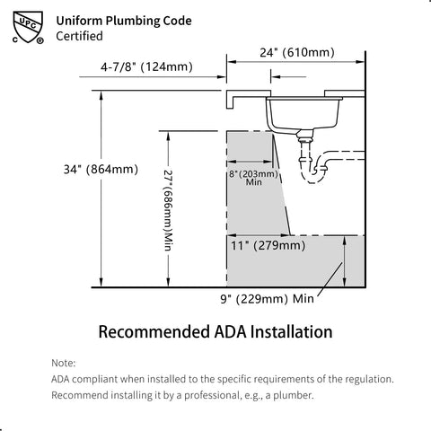 Diagram showing ADA installation dimensions for Compact White Ceramic Undermount Bathroom Sink 16.54 By 12.87 Inches With Overflow