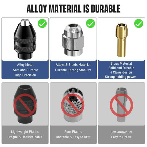 Comparison of metal and non-metal rotary tool chucks, featuring Pro Grade All Metal 3 Jaw Keyless Quick Change Rotary Tool Chuck Set 0.8 to 3.2Mm Brass Collet Kit