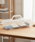 Grab And Go Clear Plastic Storage Box With Handle, Portable File Organizer for office supplies and craft materials on table