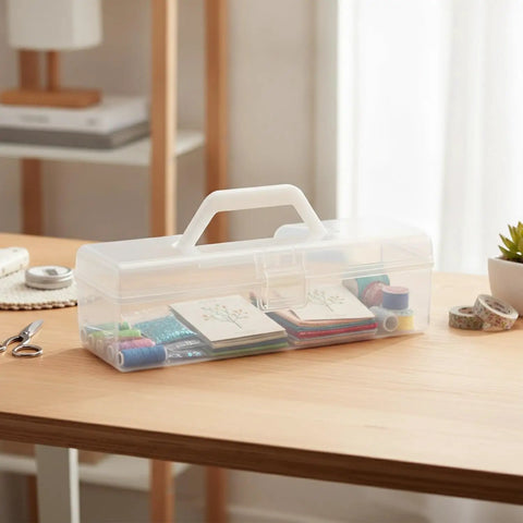 Grab And Go Clear Plastic Storage Box With Handle, Portable File Organizer for office supplies and craft materials on table