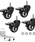 Four Piece Heavy Duty Polyurethane Swivel Casters With Solid Locking Brakes Smooth As Silk Rolling 1.5 Inch Wheels on cart.