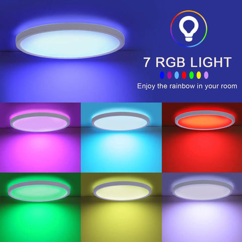 Flush Mount LED Ceiling Light With Remote Control, 12 Inch Ultra Thin Round 25W RGB Color Changing Fixture glowing in seven colors