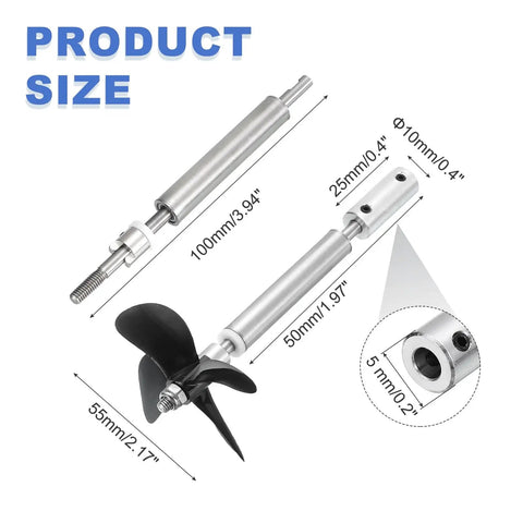 RC Boat Drive Shaft Kit With Four Propellers And Coupling Joint, 100mm Shaft, 50mm Sleeve, 55mm Propellers, Fits 5mm Motor Shaft, DIY Marine Boat Upgrade For Speed And Stability, Plug And Play Assembly size diagram with 304 stainless shaft and 55mm propeller