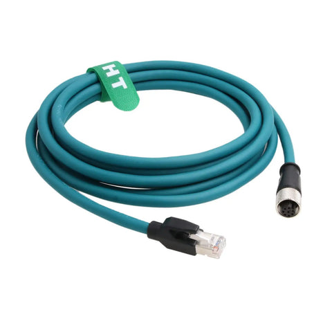 M12 A Coding 8 Pin Female To RJ45 Cat7e Patch Cable 2 Meter coiled view with connectors visible for industrial automation