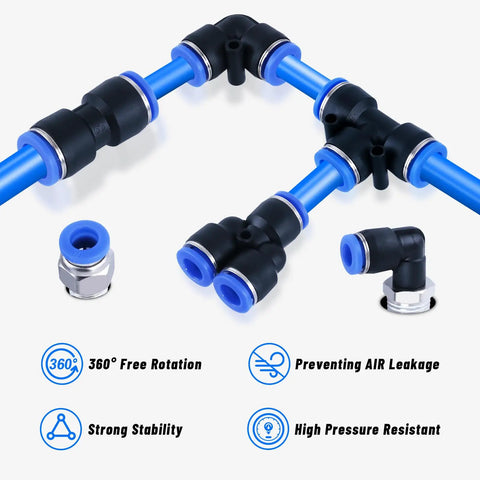55 Piece Air Line Tubing Kit With 1/4 And 3/8 Inch DOT Air Lines, Quick Connect Fittings, showing blue tubing and black connectors