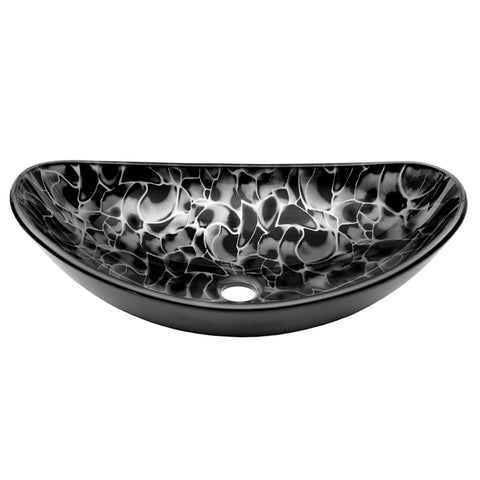 Oval Glass Vessel Bathroom Sink Set With Chrome Hardware, hand painted black and silver finish, textured exterior, polished interior