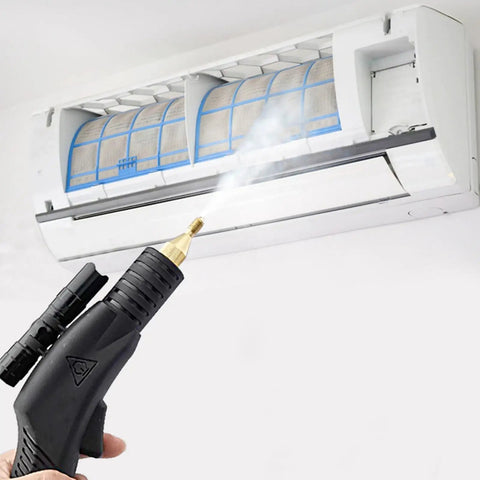 SdDpulse Professional Handheld Steam Cleaner Delivers High Temp Continuous Steam For Heavy Duty Dirt with tankless design cleaning an air conditioner.