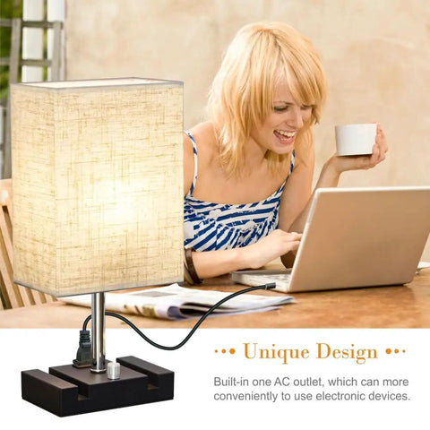 Must Have Fully Dimmable Bedside Lamp Set With Dual USB Ports And AC Outlet, linen shade, woman using laptop and holding mug