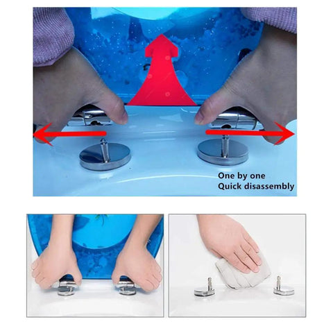 Installation guide for Super Slick Low Drama Auto Closing Toilet Seat With Silent Drop Lid and Transparent Fish Motif, featuring quick disassembly.